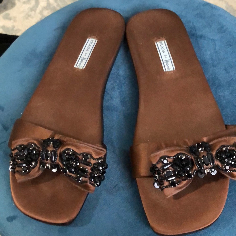 Satin beaded slides. Authentic Prada for Harrods.